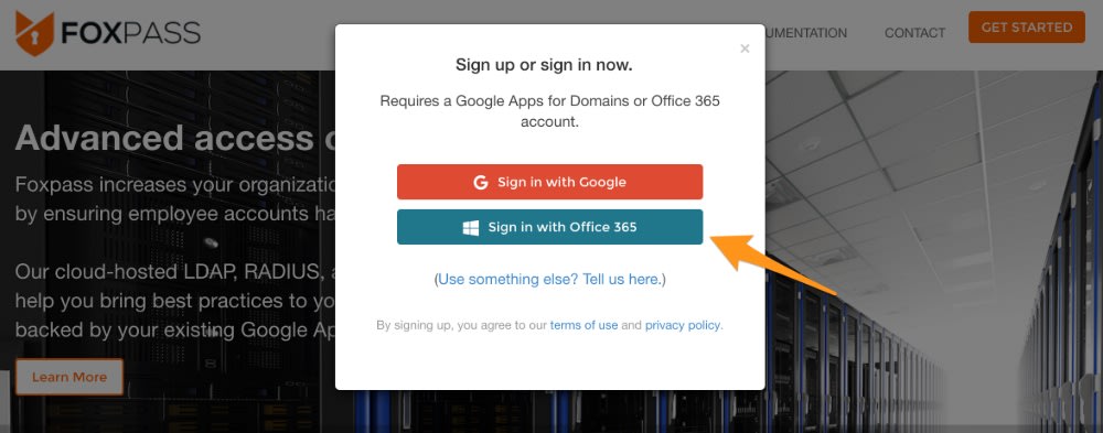 Screenshot of Foxpass's sign in with Office 365 feature