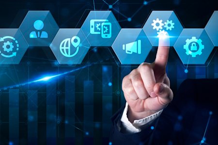 Digital interface with icons representing network automation.