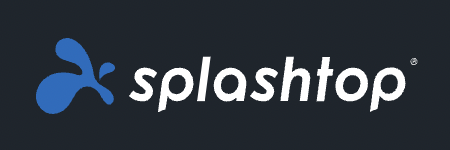 The Splashtop logo features a blue abstract splash shape next to the word splashtop in white lowercase letters on a dark background.