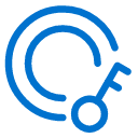 A blue outline of a key overlaps with two blue concentric semi-circles on a light gray background.