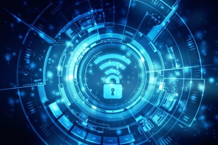 A photo of a blue digital lock and wifi signals, indicating secure connectivity.