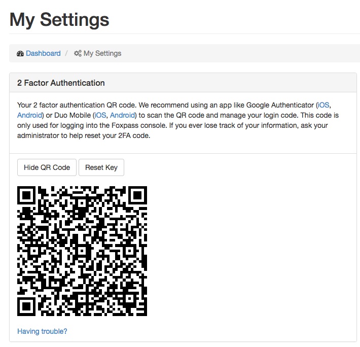 Screenshot of the 2FA settings page