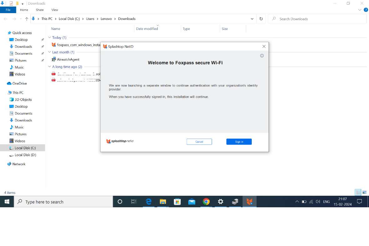A Windows desktop shows a Downloads folder open with four files. A pop-up window titled Welcome to Foxpass secure Wi-Fi prompts the user to sign in for Wi-Fi setup, with Cancel and Sign in buttons at the bottom.