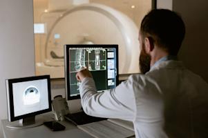 A computer in a hospital showing the results of a CT scan.