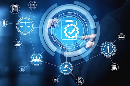 Digital illustration of NIST compliance with icons for security, law, and checklists on a touchscreen interface.