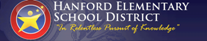 Banner logo for Hanford Elementary School District — stylized wordmark “HANFORD ELEMENTARY SCHOOL DISTRICT” with emblem/icon on left and tagline “The Radiance Powered by Knowledge” below.