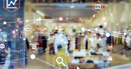 Blurred retail store image with icons and lines overlaid