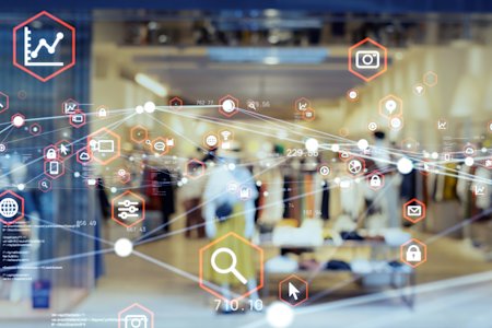 Blurred retail store image with icons and lines overlaid