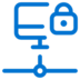 Blue icon of a computer monitor connected to a network with a padlock symbol, representing computer or network security and data protection.
