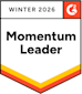 Shield-shaped badge with WINTER 2026 at the top, the G2 logo in the corner, and bold text reading Momentum Leader in the center. Bottom edge features red, orange, and yellow stripes.