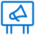 A blue line drawing of a billboard featuring a megaphone symbol, suggesting advertising or public announcements.