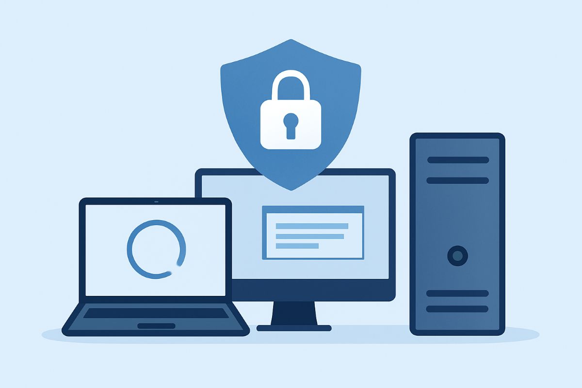 A desktop computer and laptop with an overlayed security icon to illustrate securing endpoints through patching.