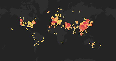 World map highlighting COVID-19 case distribution with varying sizes of red and orange circles