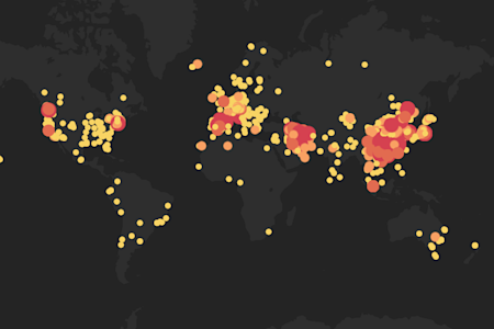 World map highlighting COVID-19 case distribution with varying sizes of red and orange circles