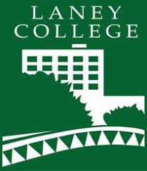 Laney College logo featuring a white building, trees, and a decorative bridge silhouette on a green background, with LANEY COLLEGE written at the top in white uppercase letters.
