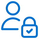 Blue outline icon of a person next to a padlock with a check mark, symbolizing privacy, security, or protected account access.
