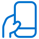 Blue outline icon of a hand holding a smartphone, depicted on a light gray background.