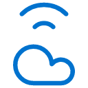 A blue outline of a cloud with two curved lines above it, resembling a wireless signal, on a light gray background.