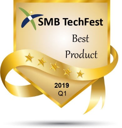 A gold badge with stars and a ribbon, displaying SMB TechFest Best Product 2019 Q1. The SMB TechFest logo is at the top of the badge.