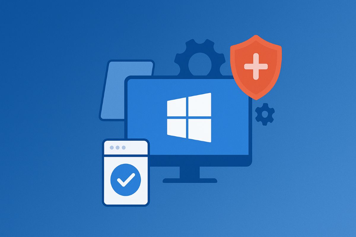 A computer and phone with patching and security icons, illustrating patch management with Splashtop AEM to enhance Microsoft Intune.