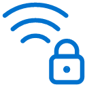Blue icon showing a Wi-Fi signal next to a padlock, symbolizing a secure or protected wireless network.