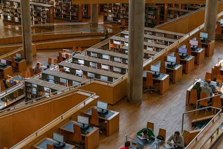 A university library with rows of computers.