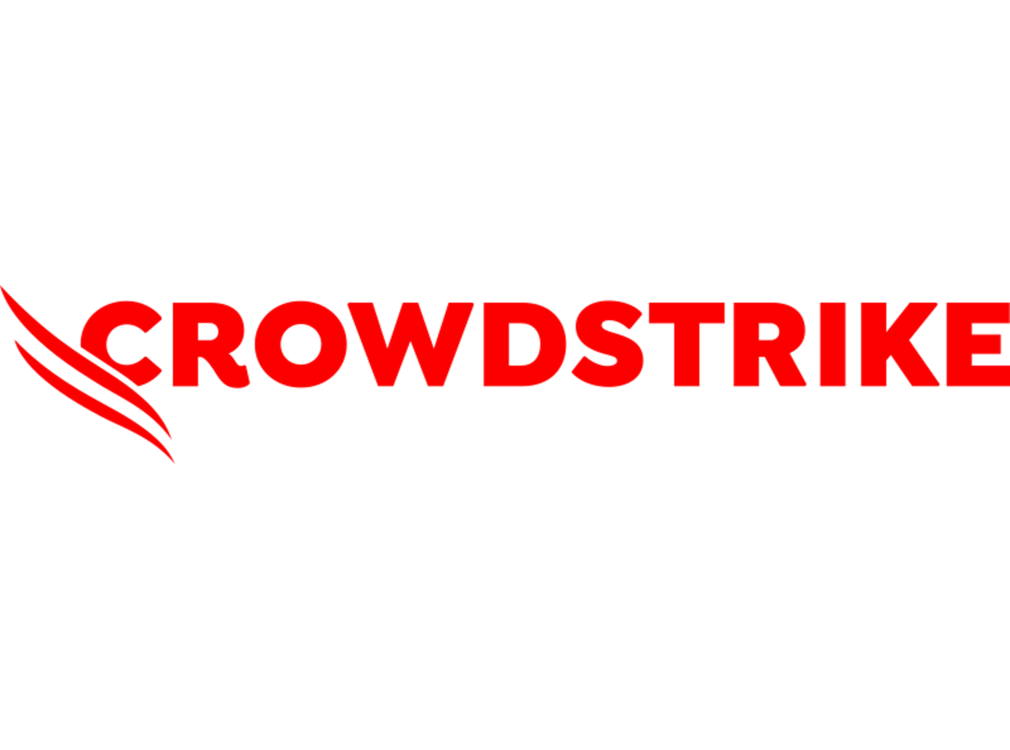 The image shows the CrowdStrike logo with the word CROWDSTRIKE in bold red uppercase letters and three red wing-like streaks to the left. The background is light gray.