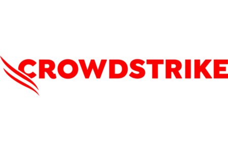 The image shows the CrowdStrike logo with the word CROWDSTRIKE in bold red uppercase letters and three red wing-like streaks to the left. The background is light gray.
