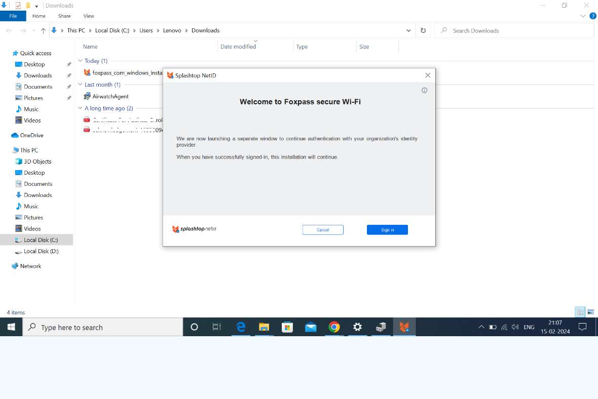 A Windows desktop shows a Downloads folder open with four files listed. A pop-up window titled Welcome to Foxpass secure Wi-Fi prompts the user to sign in for secure authentication.