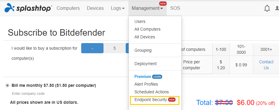 A screenshot of Splashtop’s web interface shows a dropdown menu under “Management” with “Endpoint Security” highlighted. The page displays subscription options and pricing for Bitdefender antivirus.