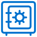 Blue line icon of a safe with a circular combination lock on the front, depicted on a light background.