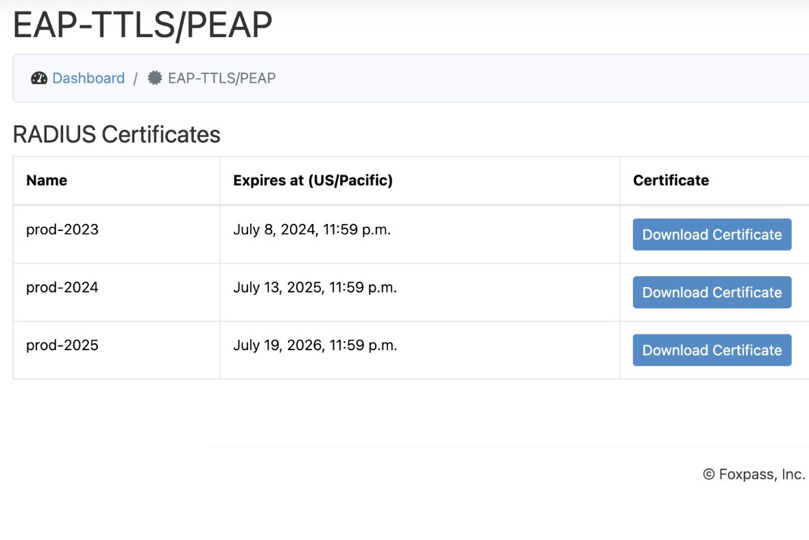 A webpage titled EAP-TTLS/PEAP displays a table of RADIUS Certificates with names, expiration dates, and blue Download Certificate buttons for prod-2023, prod-2024, and prod-2025.