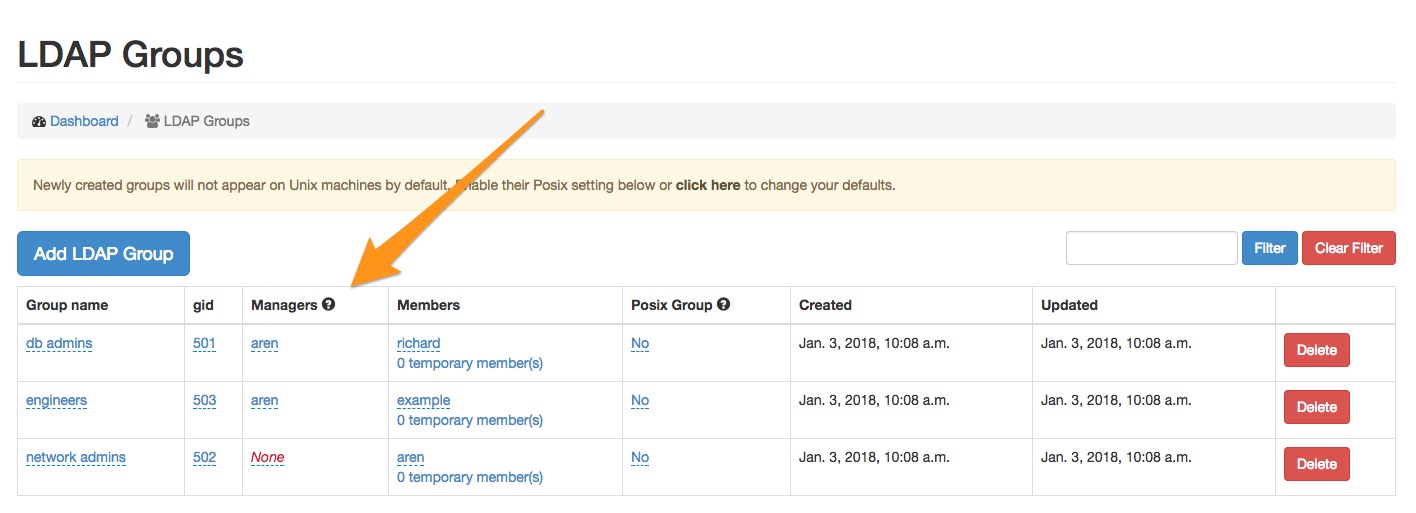 Screenshot of the Group Managers interface
