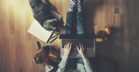 IT helpdesk manager sitting on the floor with a cat, researching remote access software for businesses