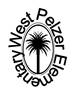 Black and white logo featuring a palm tree inside an oval, with the words West Pelzer Elementary curved around the oval.