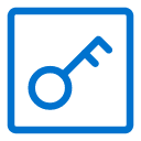 A blue outline of a key inside a blue square border on a white background, representing a symbol for access or security.