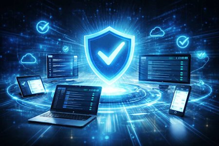 Computers and devices with a secure shield icon representing the devices being secured due to automated patch management.