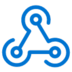 A blue geometric icon featuring three circles connected by lines, forming a triangular shape with curved ends, resembling a network or abstract technology symbol on a light gray background.