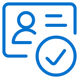 Blue outline icon of an ID card with a user silhouette and horizontal lines, accompanied by a large check mark in a circle, indicating verification or approval.