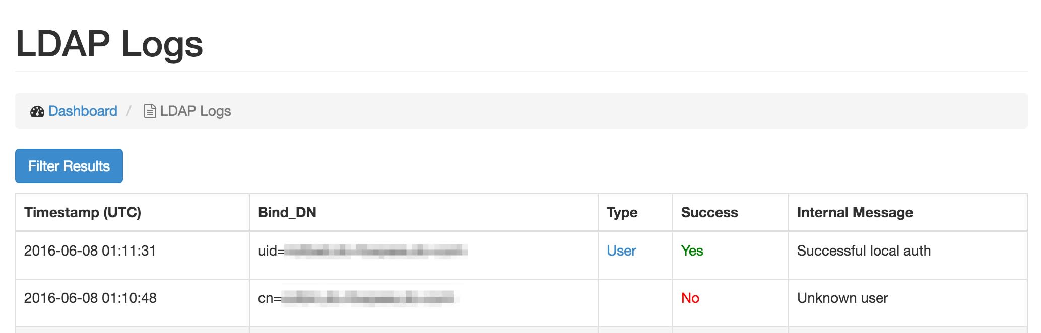 LDAP logs screenshot