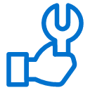 Blue outline icon of a hand holding a wrench, symbolizing tools, repair, or technical support, on a light gray background.