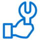 Blue outline icon of a hand holding a wrench, symbolizing tools, repair, or technical support, on a light gray background.