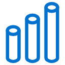 A blue icon showing three cylindrical bars of increasing height from left to right, resembling a bar graph or chart, on a light gray background.
