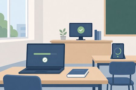 Computers and tablets in a classroom.