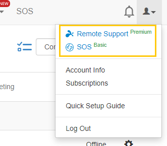 A dropdown menu showing options: Remote Support (Premium), SOS (Basic), Account Info, Subscriptions, Quick Setup Guide, and Log Out. The Remote Support and SOS options are highlighted with a yellow border.
