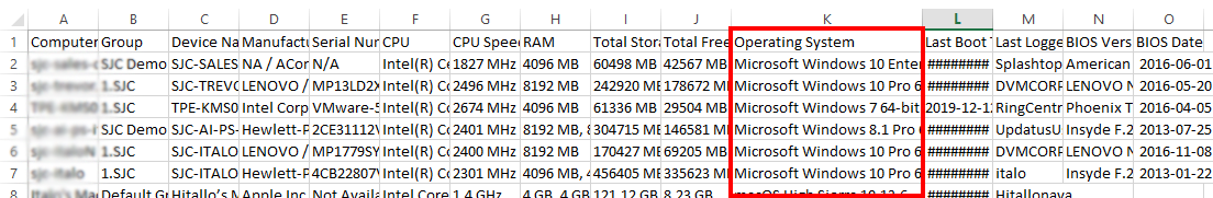 A spreadsheet displays computer inventory details; the Operating System column is highlighted, listing versions like Microsoft Windows 10 Pro, Windows 7 64-bit, and Windows 8.1 Pro. Data in other columns is partially blurred.