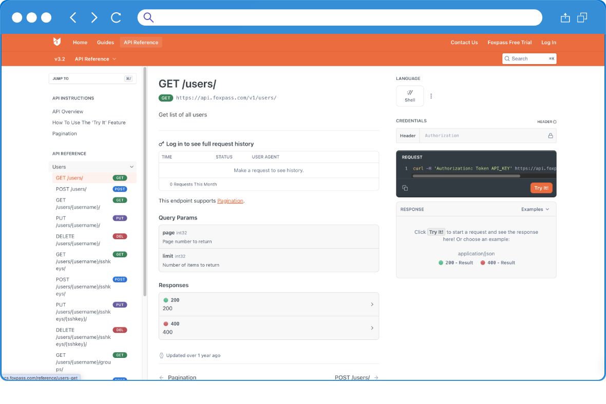 A web browser displays API documentation for the GET /users/ endpoint on the Reqres site, showing request parameters, responses, code examples, and an interface to test the API request.