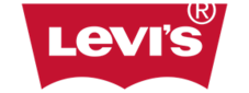 The red Levis logo features the brand name Levis in bold white letters on a red, batwing-shaped background, with a registered trademark symbol in the top right corner.