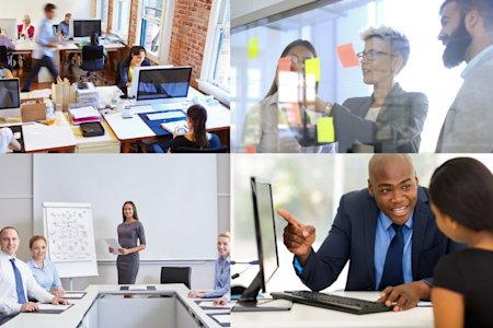 Collage of diverse people working in various settings, including offices, cafes, and outdoors