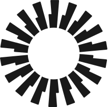 A circular design with black, rectangular shapes of varying lengths radiating outward from a central white circle, creating a sunburst or abstract piano key effect.
